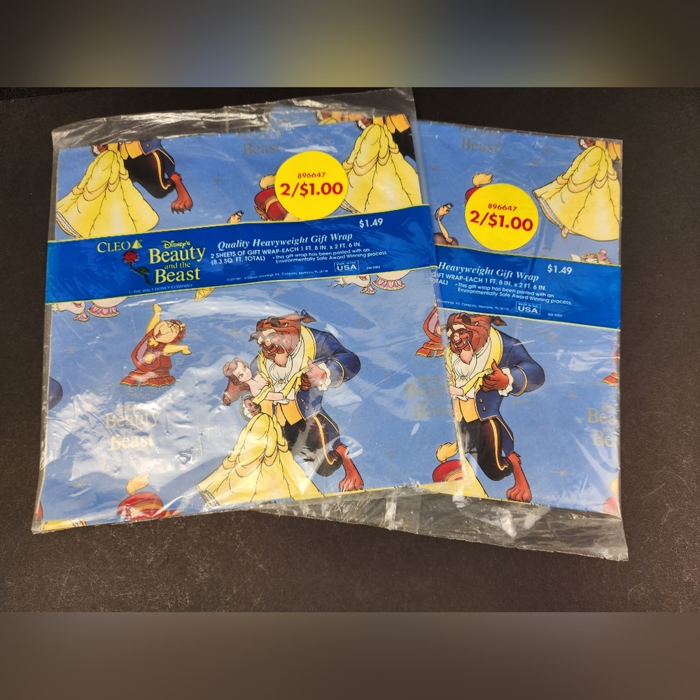 Vintage Disney Gift Wrap Beauty Beast  Cleo New Old Stock. Lot of 2